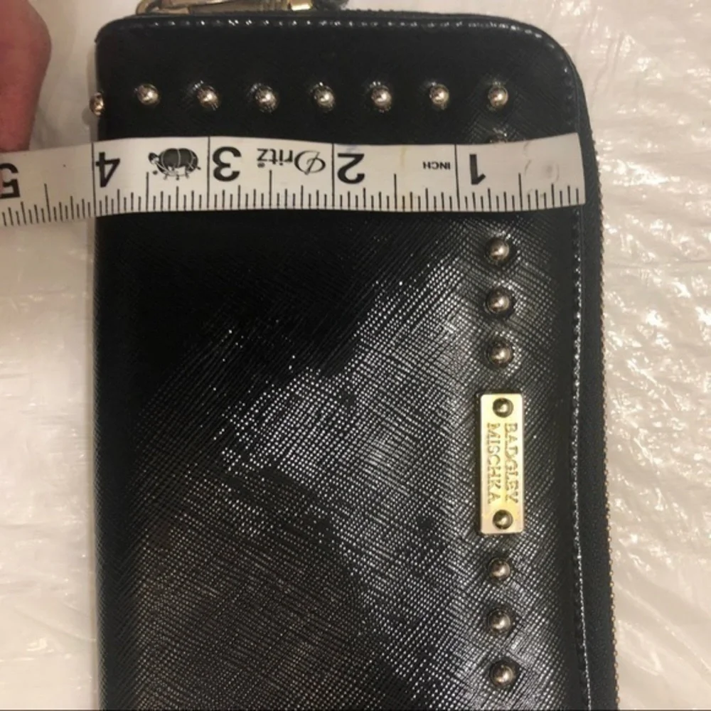 Badgley mischka black studded leather zipper clutch wallet